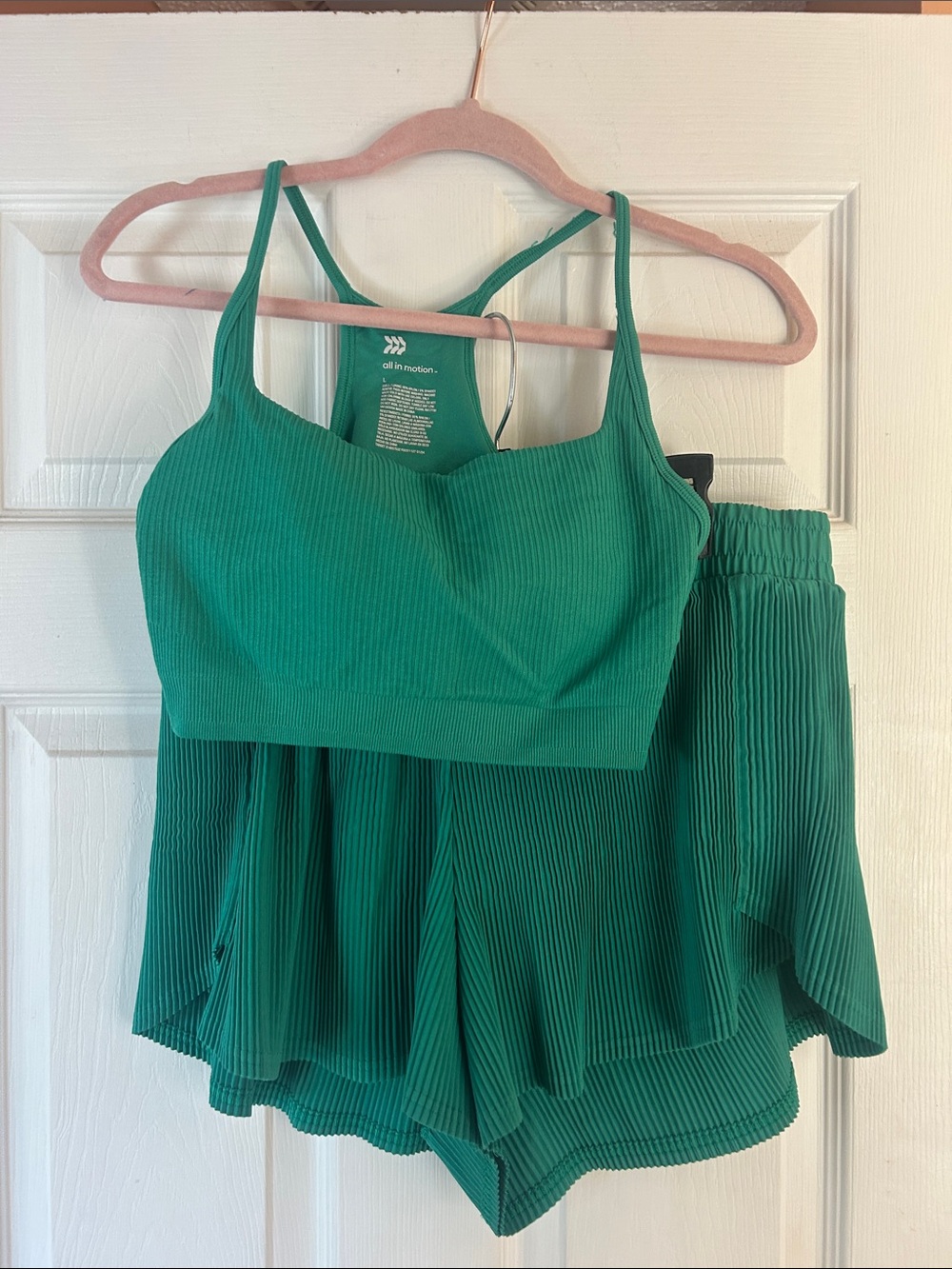 all in motion Teal-Green Ribbed Strappy Cropped Tank & Shorts Set